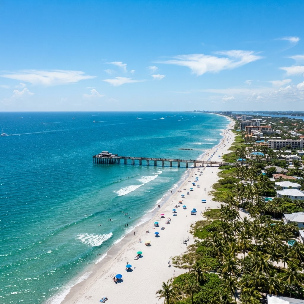 Aerial view of the Florida coastline with turquoise water and beaches
